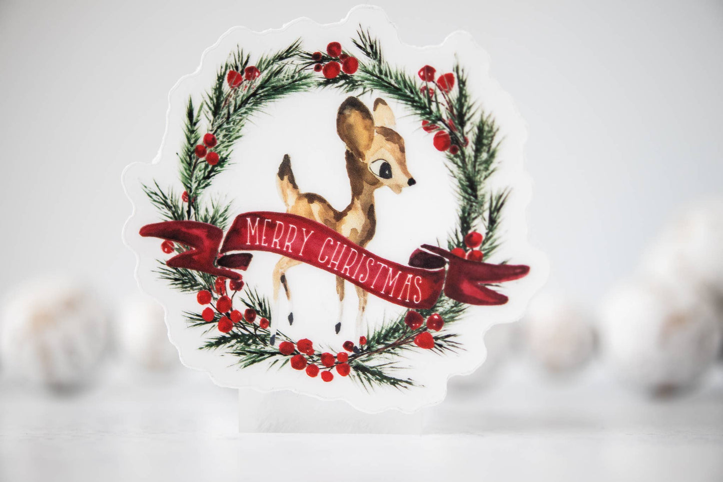 Merry Christmas, Wreath Deer Clear Vinyl Sticker 3x3 in.