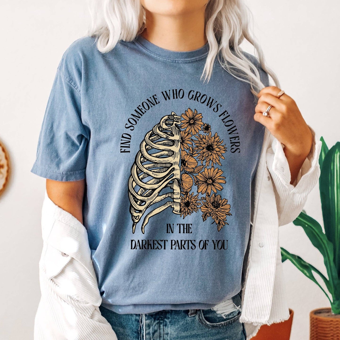 Find Someone Who Grows Flowers, Skeleton, Cowgirl, Tshirt: Medium / Pepper Dark Gray