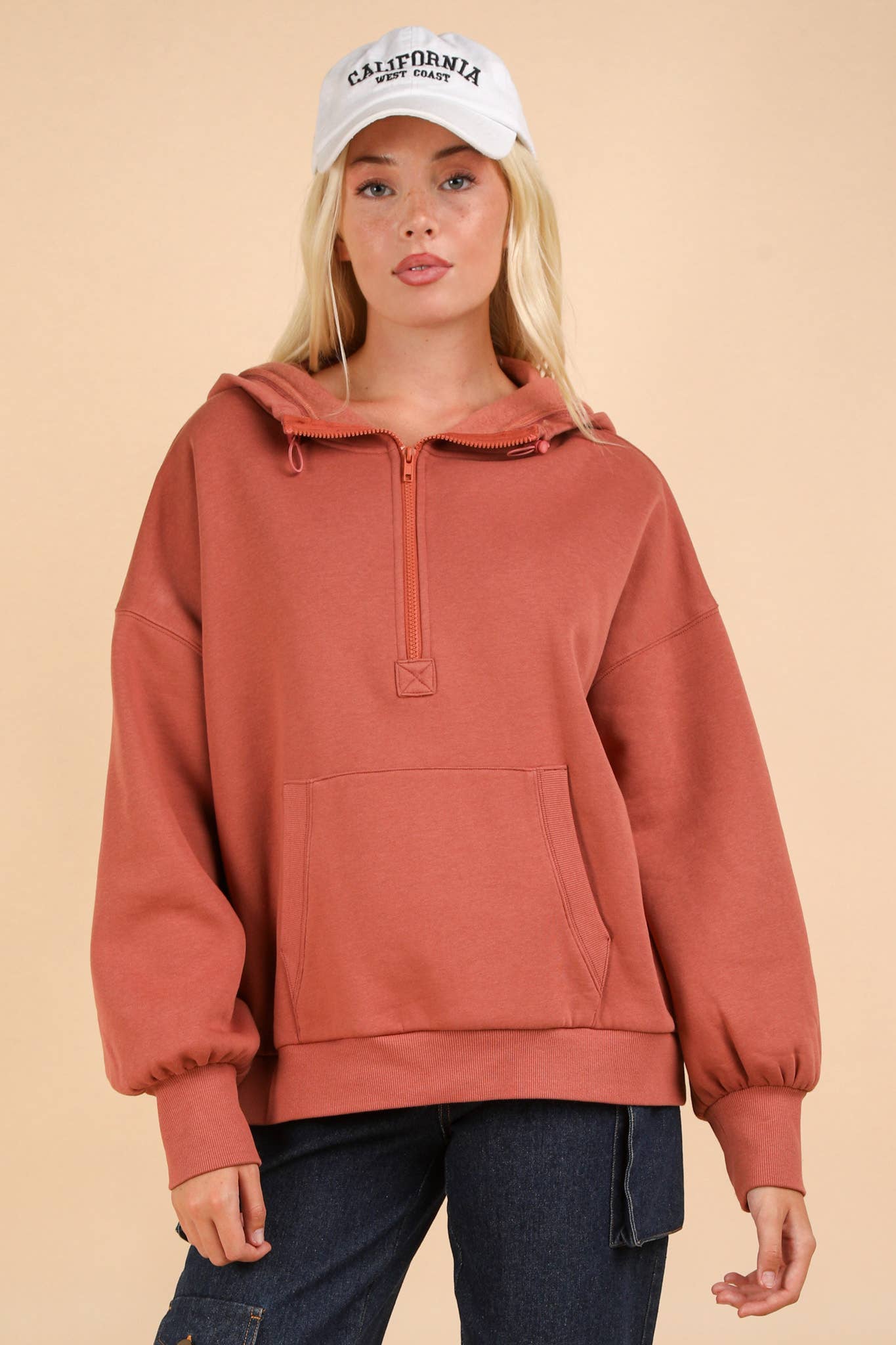 NT11897-Oversized Half Zip Up Knit Casual Hoodie Top: SAGE / S-M-L/2-2-2