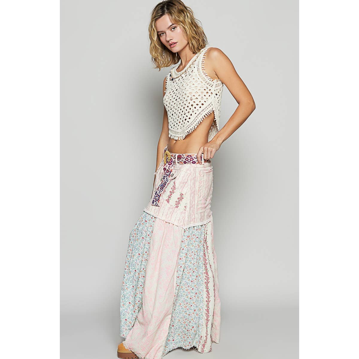 Woven floral print mixed skirt: PINK MULTI / S