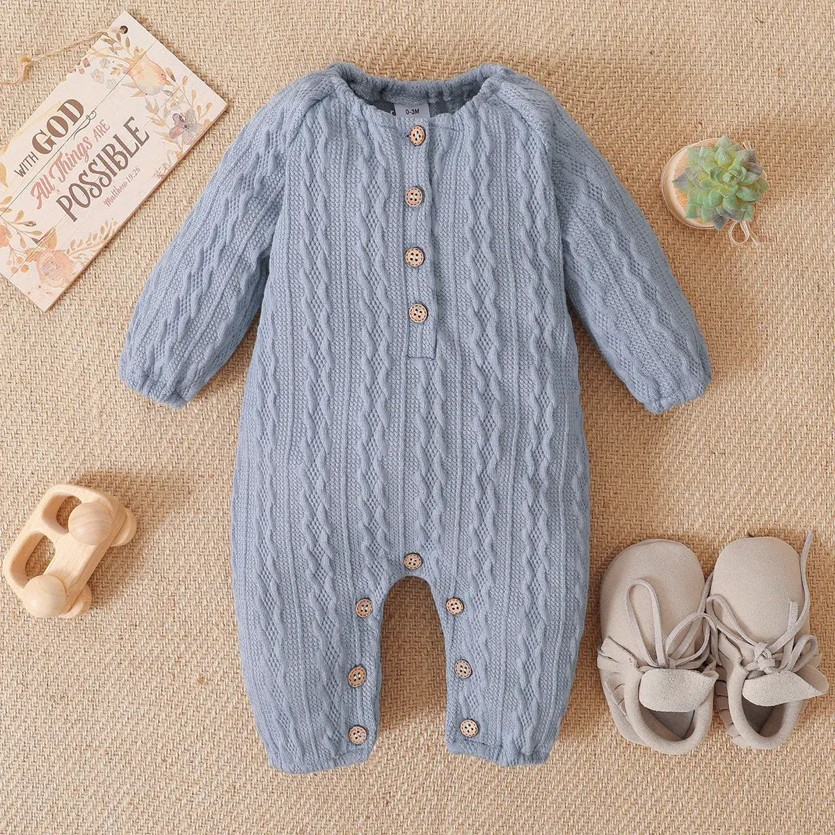 Solid Knitted Button Design Long-sleeve Baby Jumpsuit: 12-18 Months / White