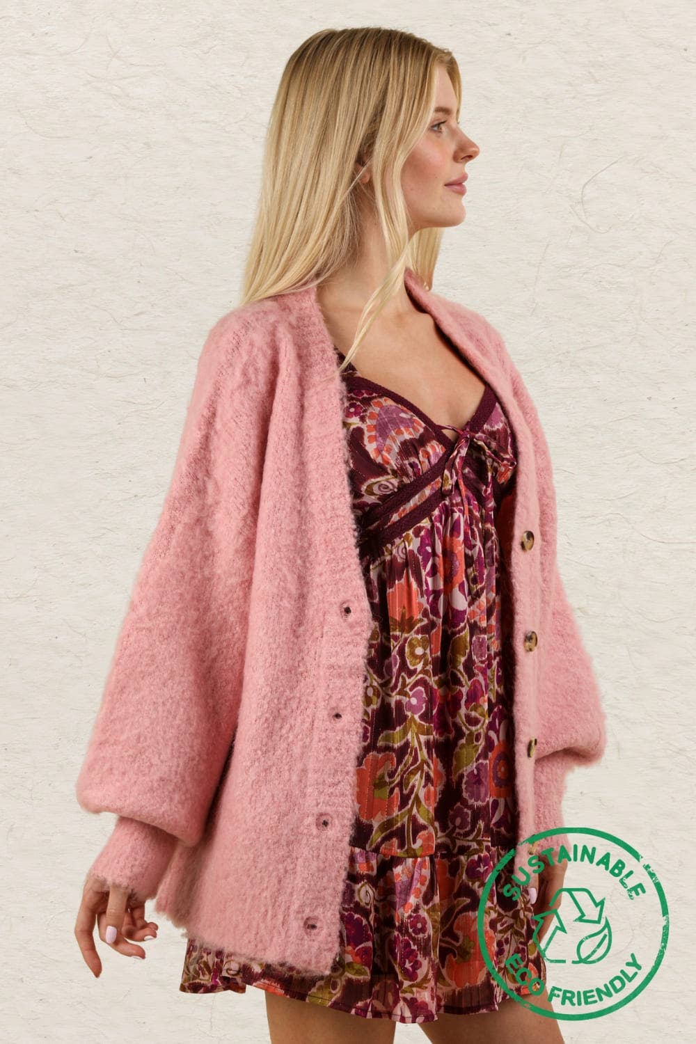 12W3180V-ECO Mohair Button Down Soft Knit Sweater Cardigan: PINK / S-M-L/2-2-2