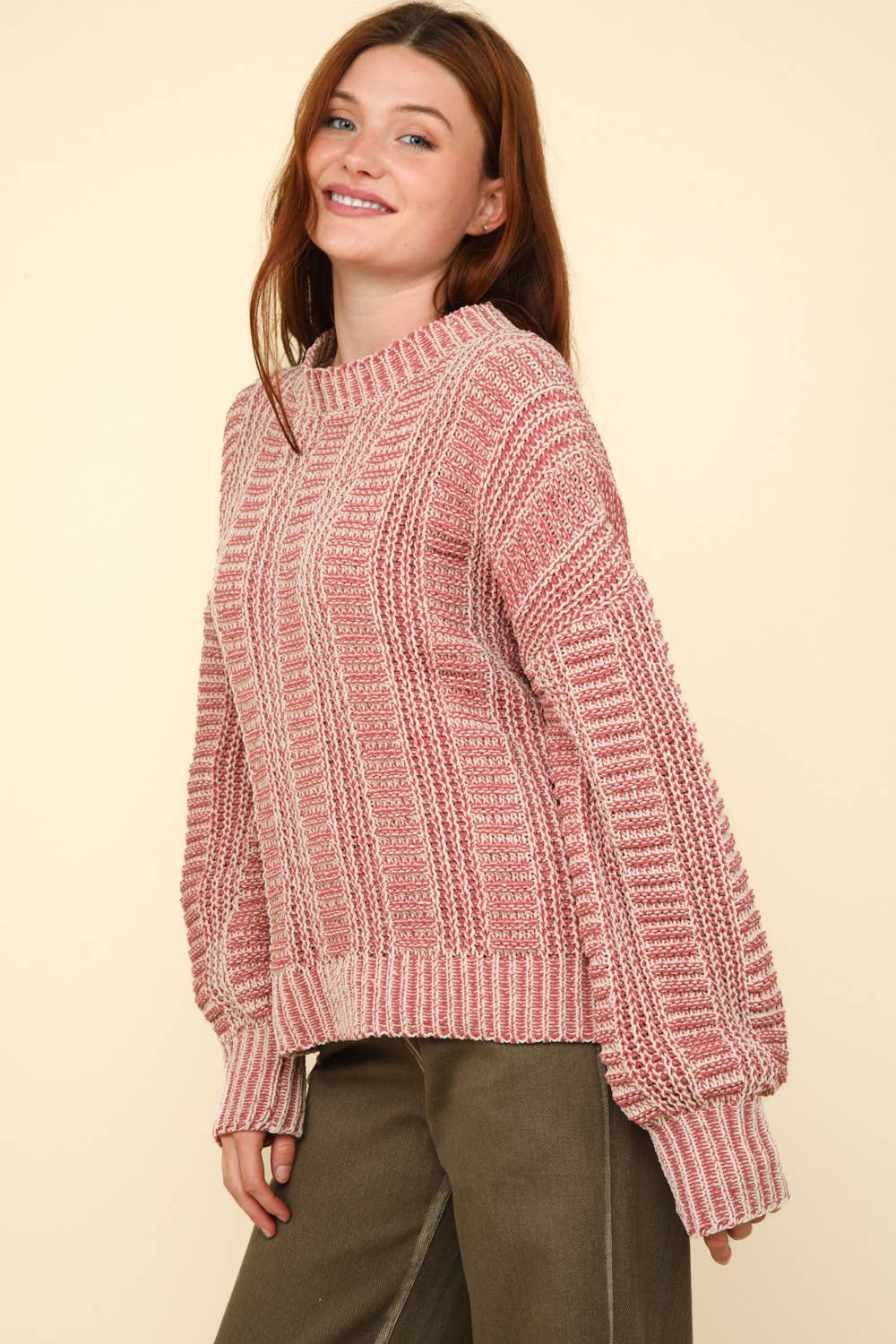 12W3096N-Two Tone Cozy Sweater Knit Top: Red / S-M-L/2-2-2