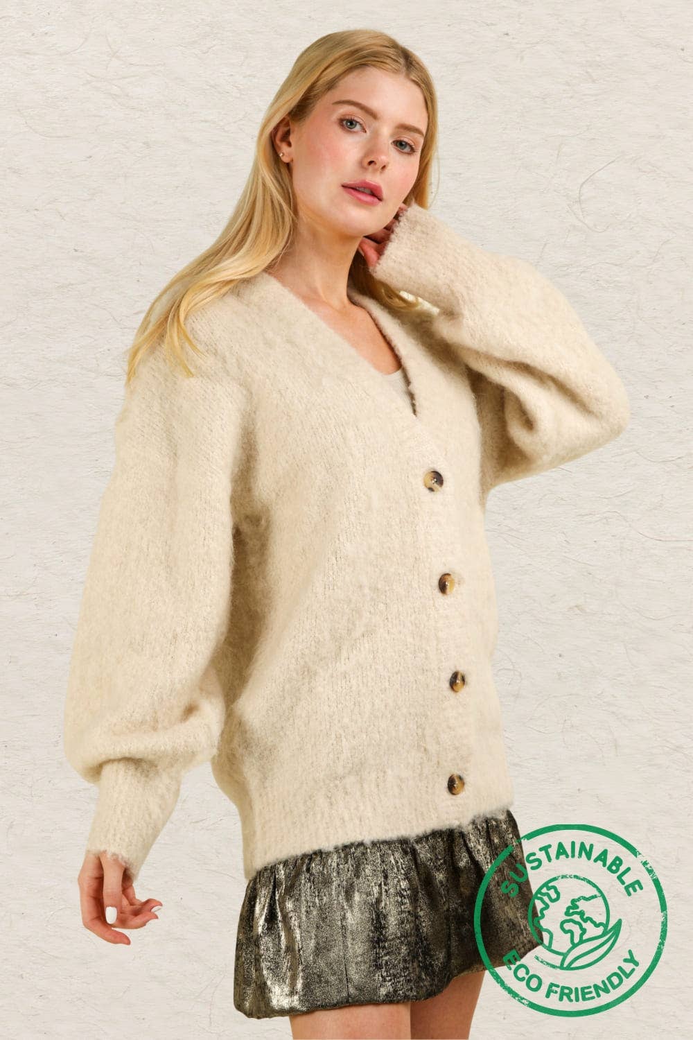 12W3180V-ECO Mohair Button Down Soft Knit Sweater Cardigan: PINK / S-M-L/2-2-2