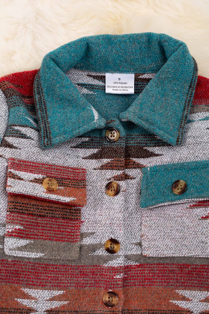 UNISEX/ AZTEC PRINTED BUTTON UP SHACKET. TPG65133048 JEANN: L