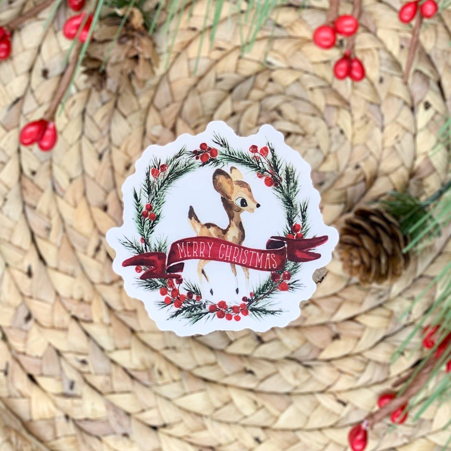 Merry Christmas, Wreath Deer Clear Vinyl Sticker 3x3 in.