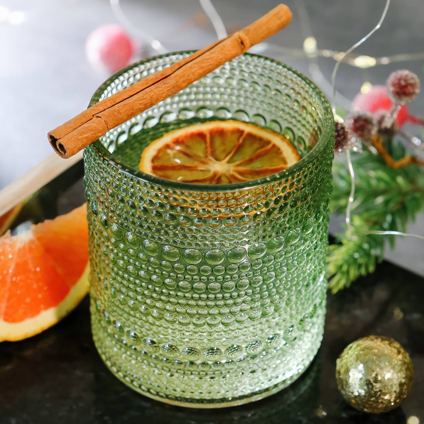 10 oz Beaded Sage Green Old Fashion Drinking Glass Set of 6
