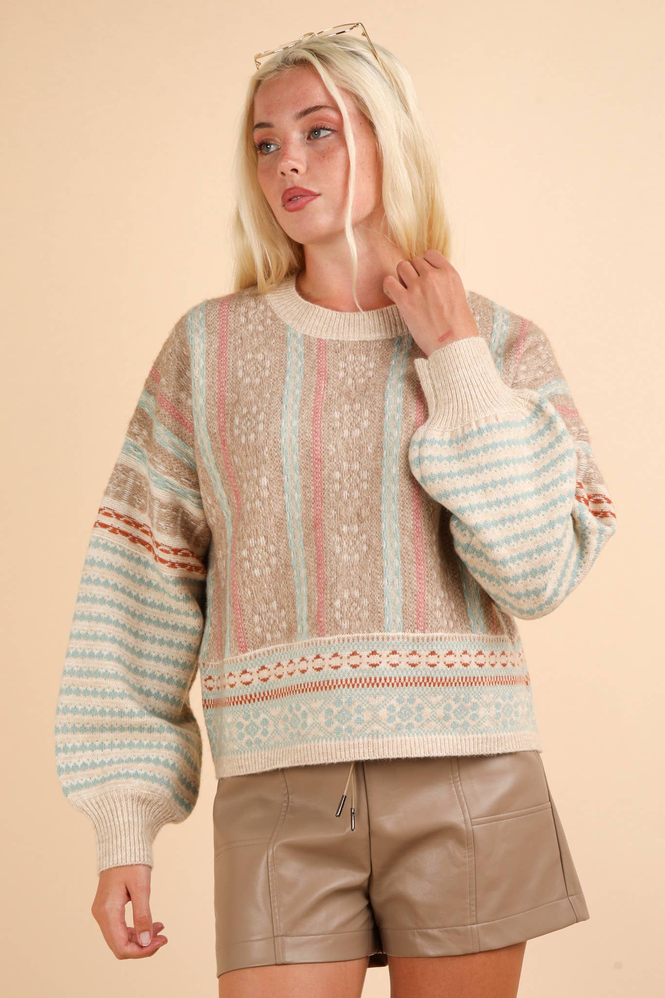 12W3239N-Oversized Cozy Printed Knit Sweater Top: SAGE MIX / S-M-L/2-2-2