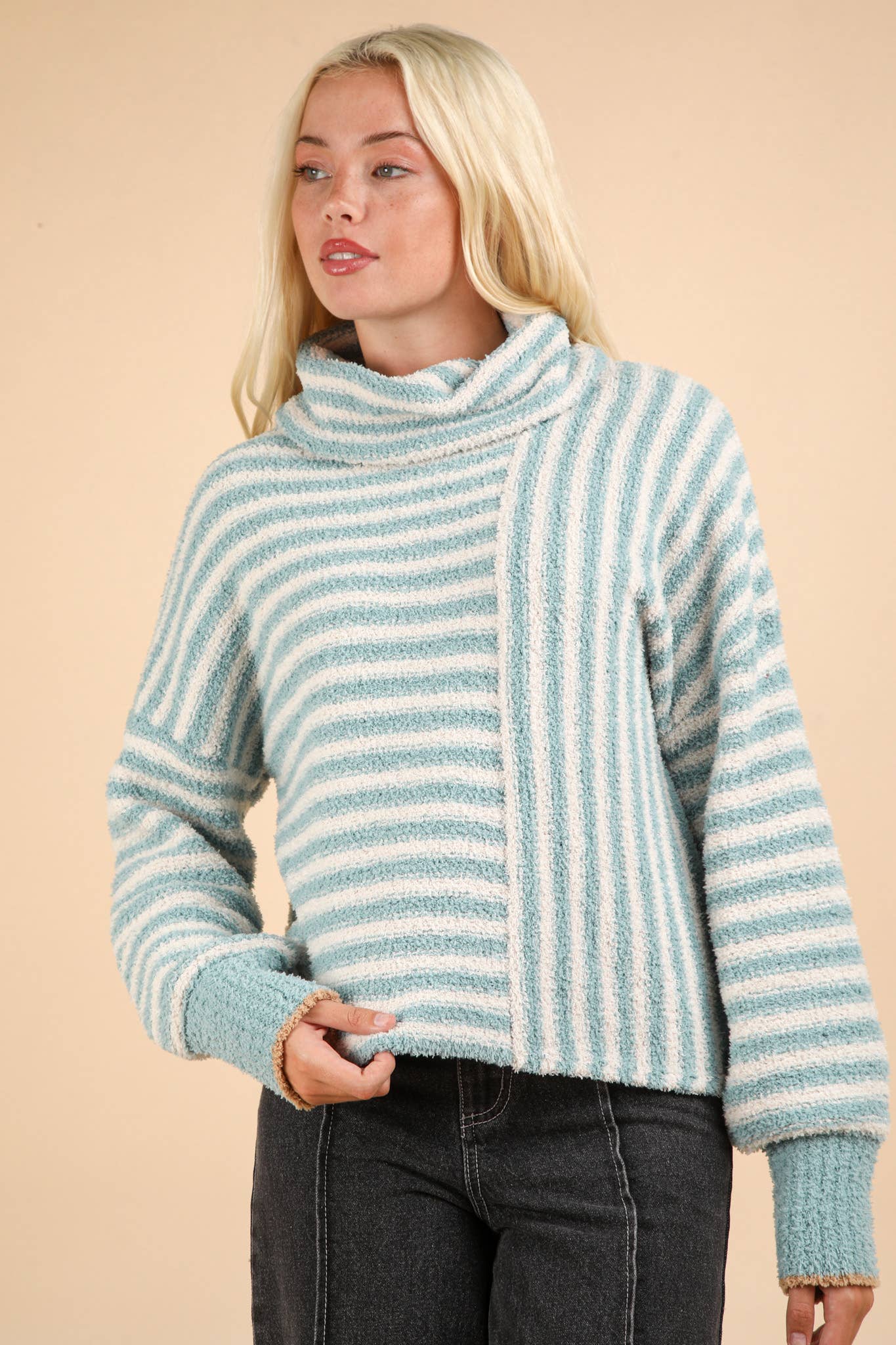 12W3186N-Mock Neck Soft Striped Knit Sweater Top: SAGE / S-M-L/2-2-2