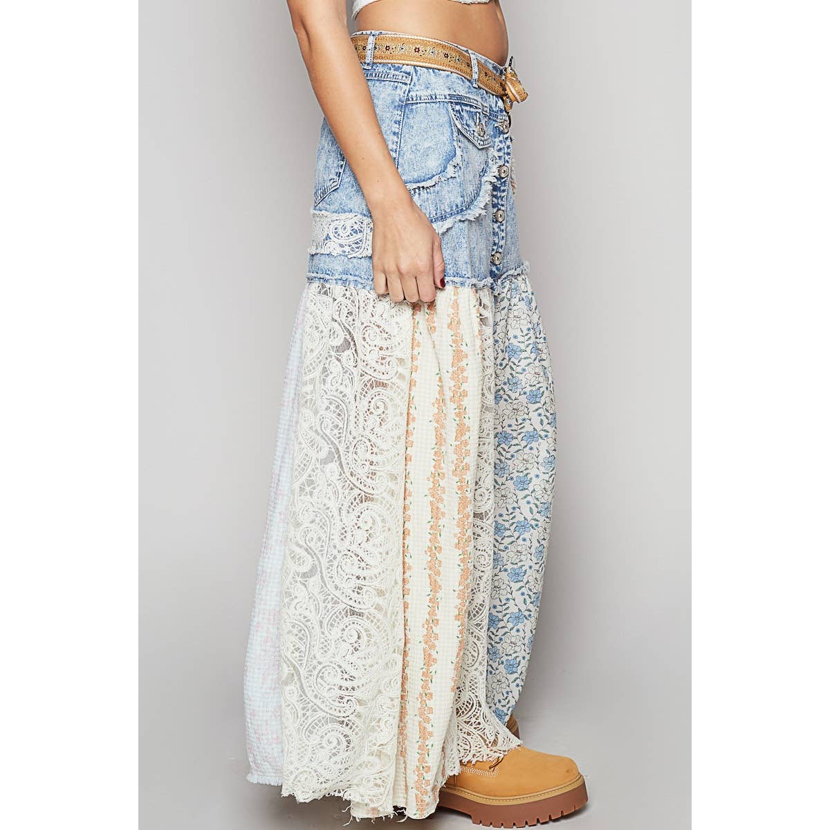 Woven floral print mixed skirt: PINK MULTI / L
