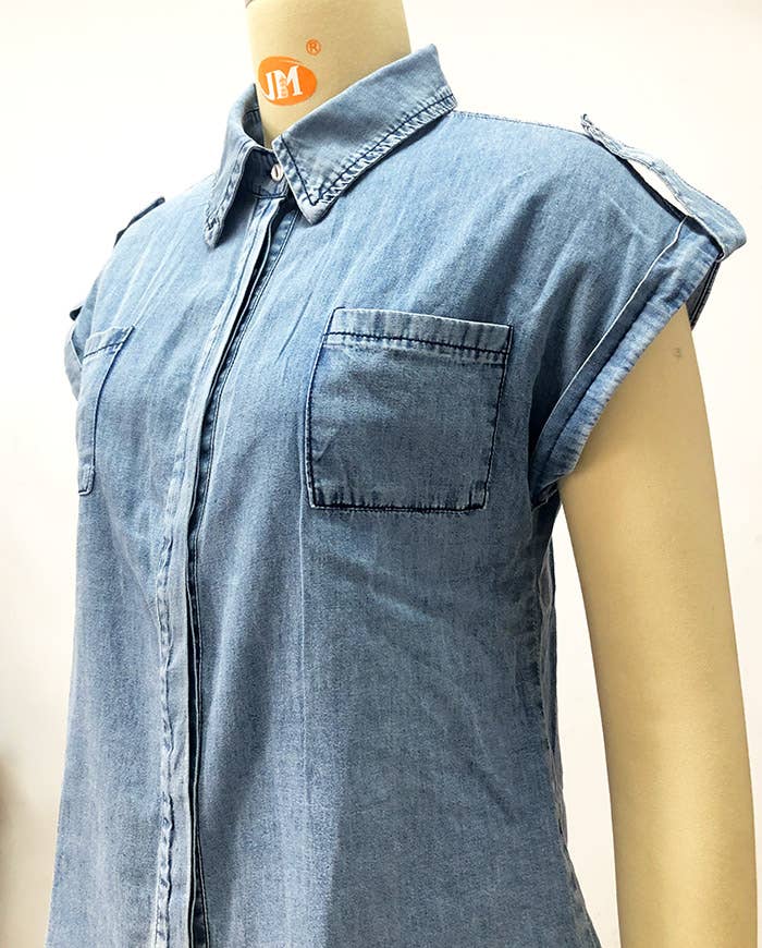Vintage washed distressed denim sleeveless shirt vest top: Blue / XL