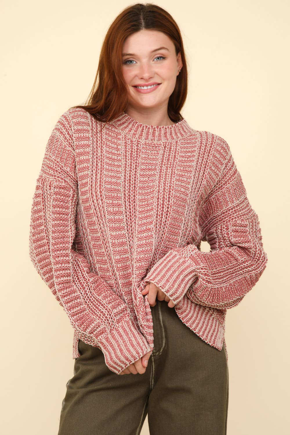 12W3096N-Two Tone Cozy Sweater Knit Top: Red / S-M-L/2-2-2