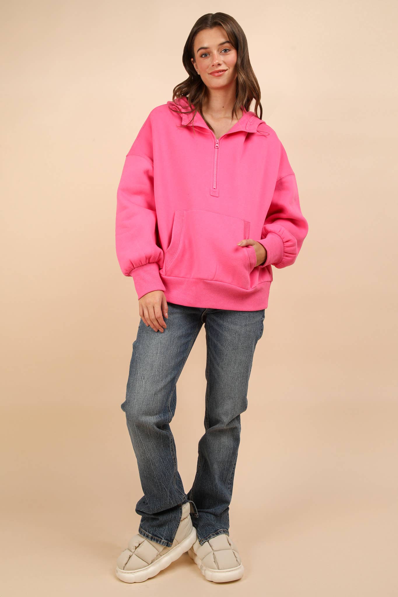 NT11897-Oversized Half Zip Up Knit Casual Hoodie Top: SAGE / S-M-L/2-2-2