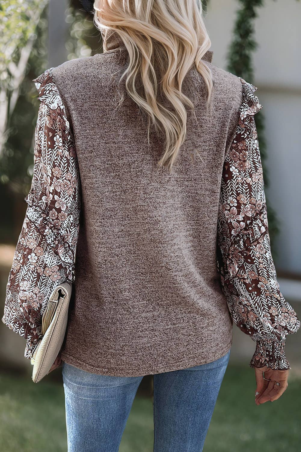 Apricot Pink Contrast Frilled Floral Sleeve Top: M / Apricot Pink