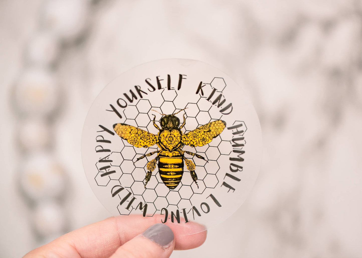 Bee Kind Loving Humble Clear, Vinyl Sticker, 3x3 in.