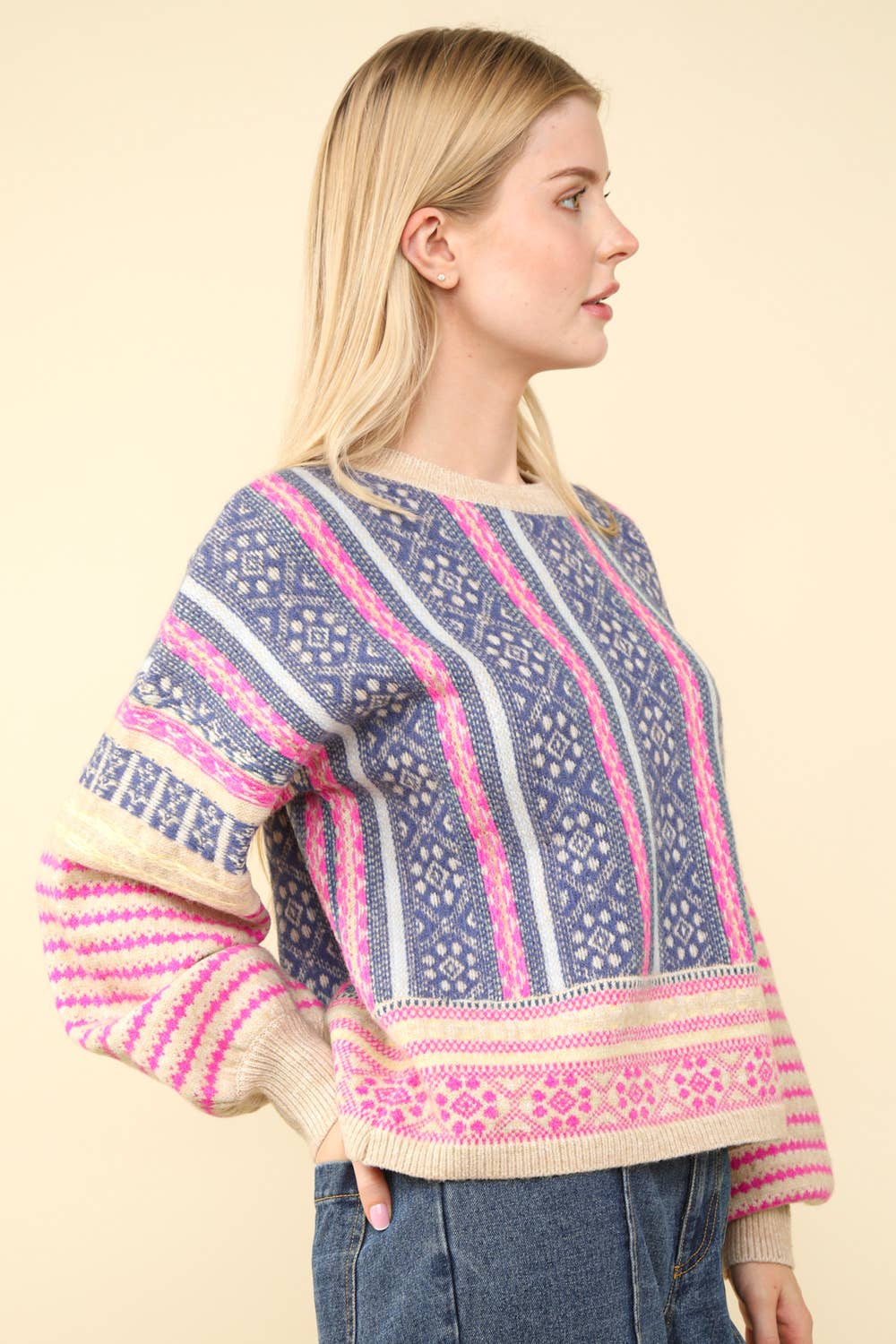 12W3239N-Oversized Cozy Printed Knit Sweater Top: SAGE MIX / S-M-L/2-2-2