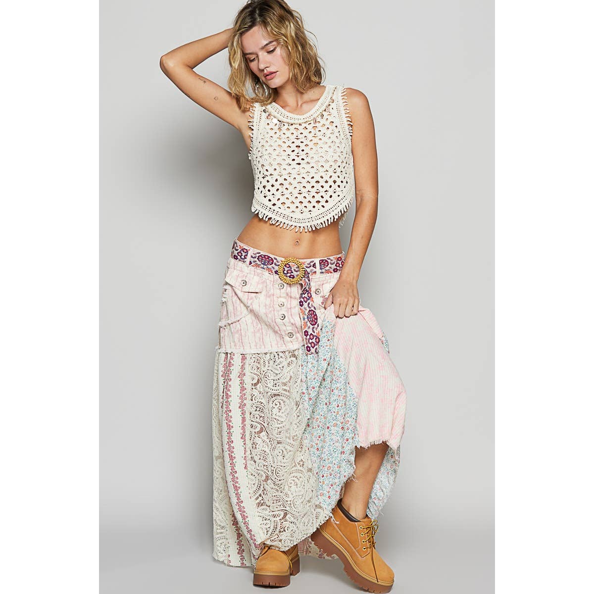 Woven floral print mixed skirt: PINK MULTI / L