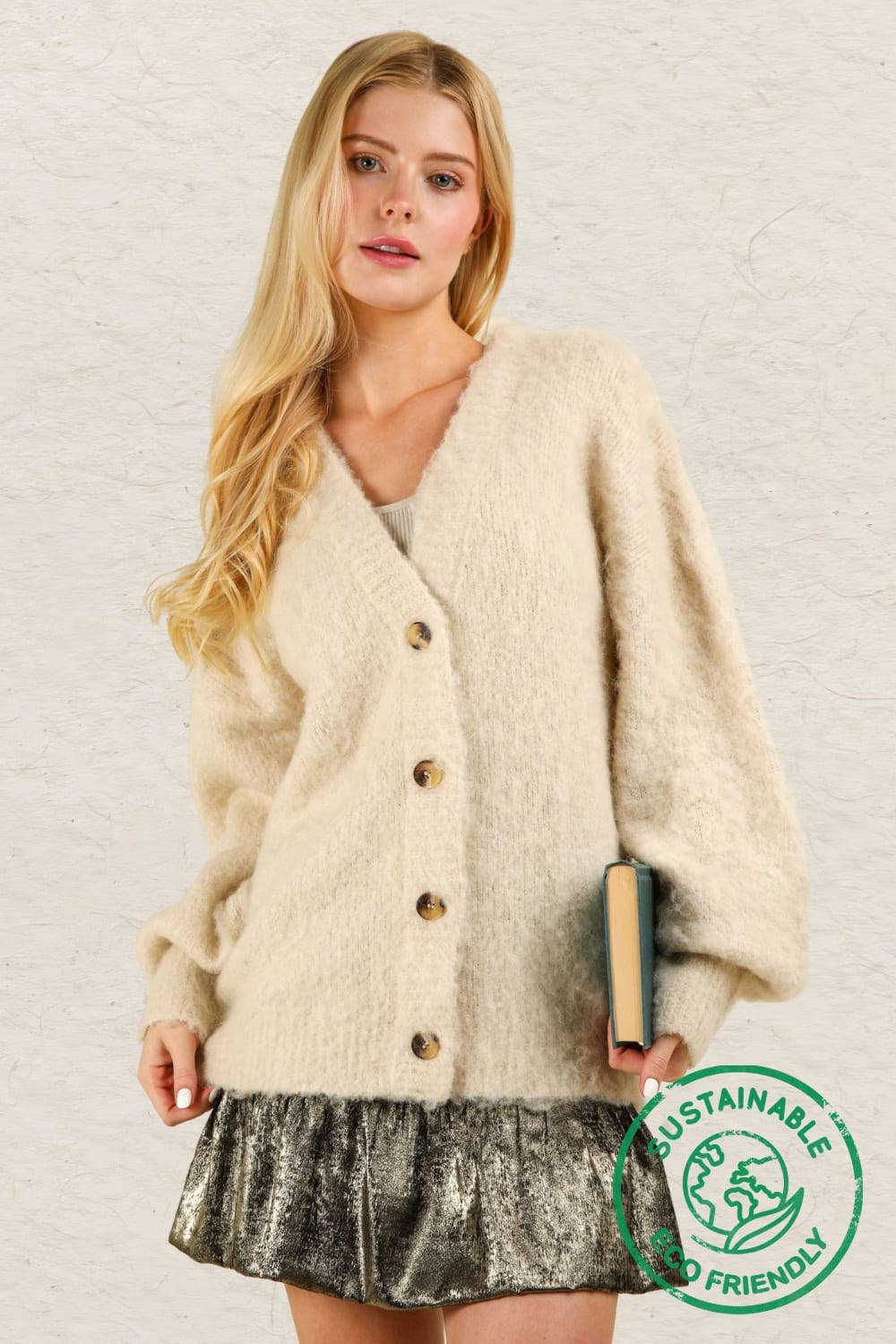 12W3180V-ECO Mohair Button Down Soft Knit Sweater Cardigan: PINK / S-M-L/2-2-2