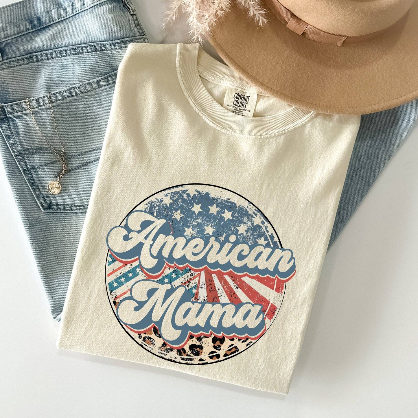 American Mama, Leopard Print, Patriotic, 4th of July Tshirt: Medium / Ivory