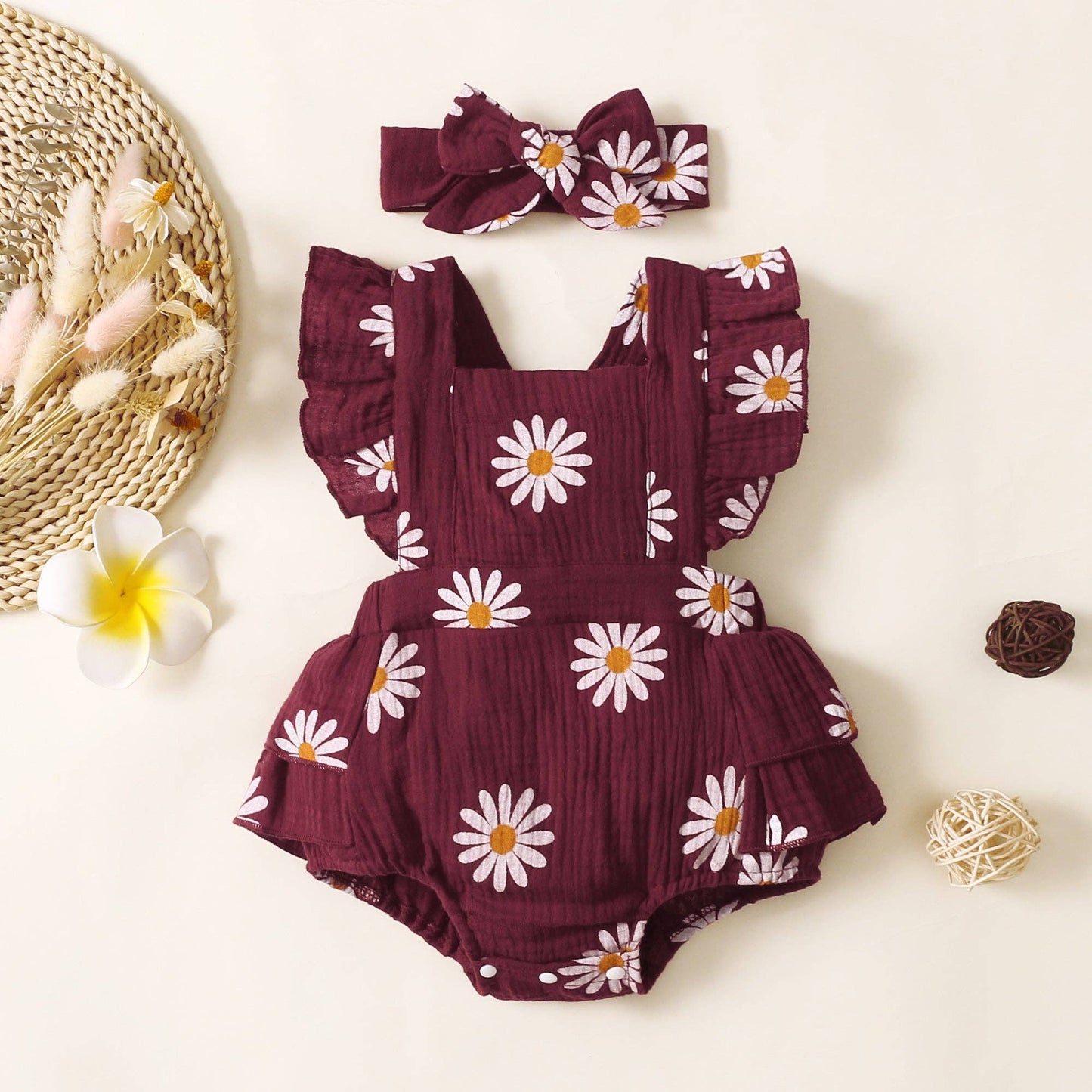 100% Cotton 2pcs Daisy Print Crepe Fabric Baby Romper Set: Pink / 3-6 Months