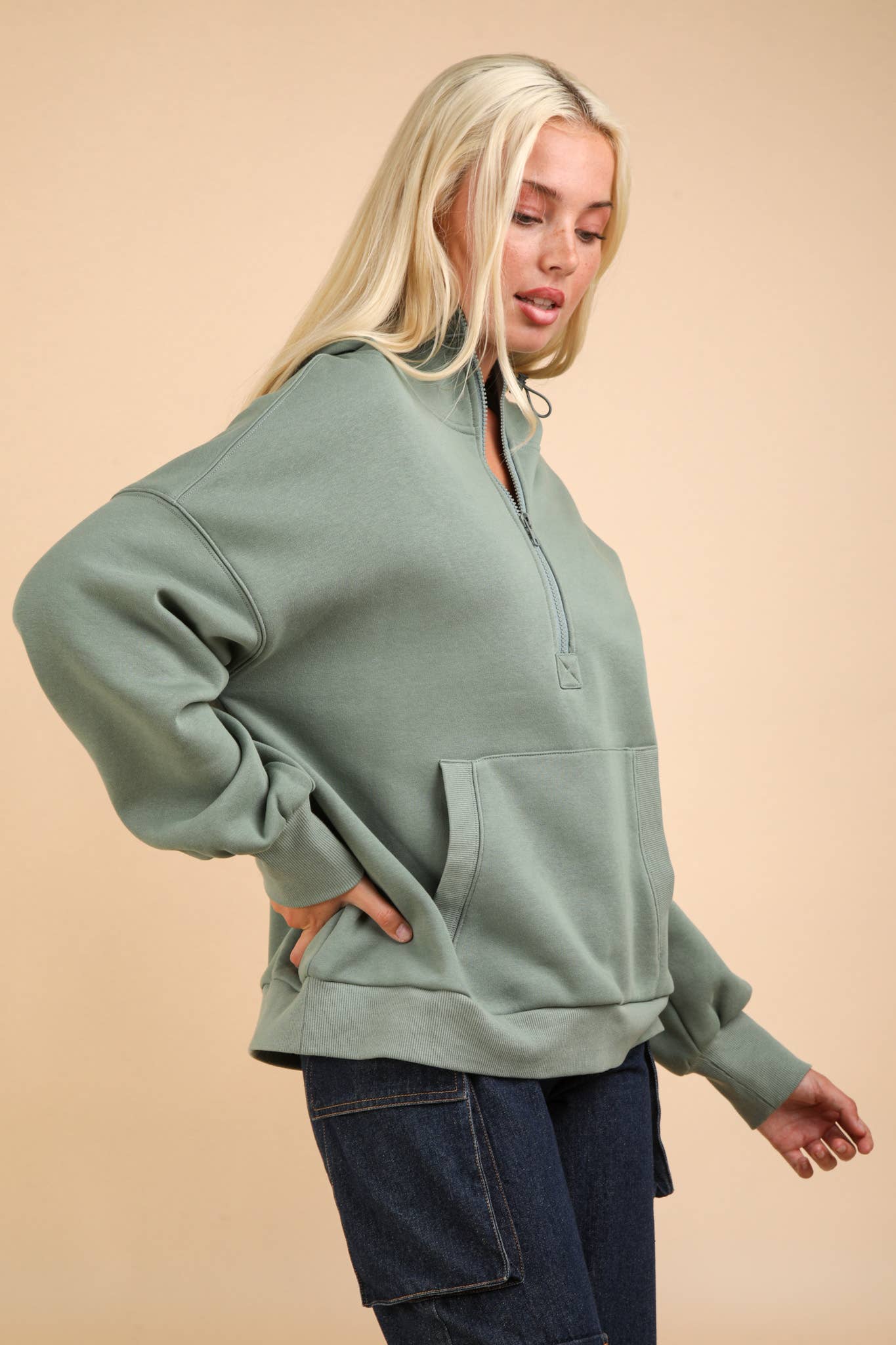 NT11897-Oversized Half Zip Up Knit Casual Hoodie Top: SAGE / S-M-L/2-2-2