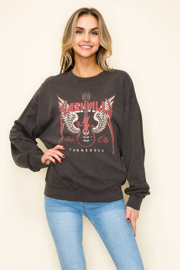 PREMIUM WASH NASHVILLE GUITAR GRAPHIC SWEATSHIRT: X-LARGE