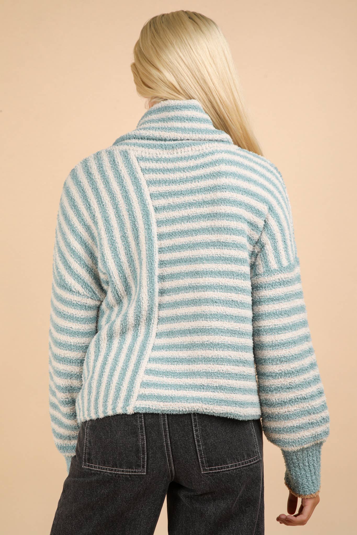 12W3186N-Mock Neck Soft Striped Knit Sweater Top: SAGE / S-M-L/2-2-2