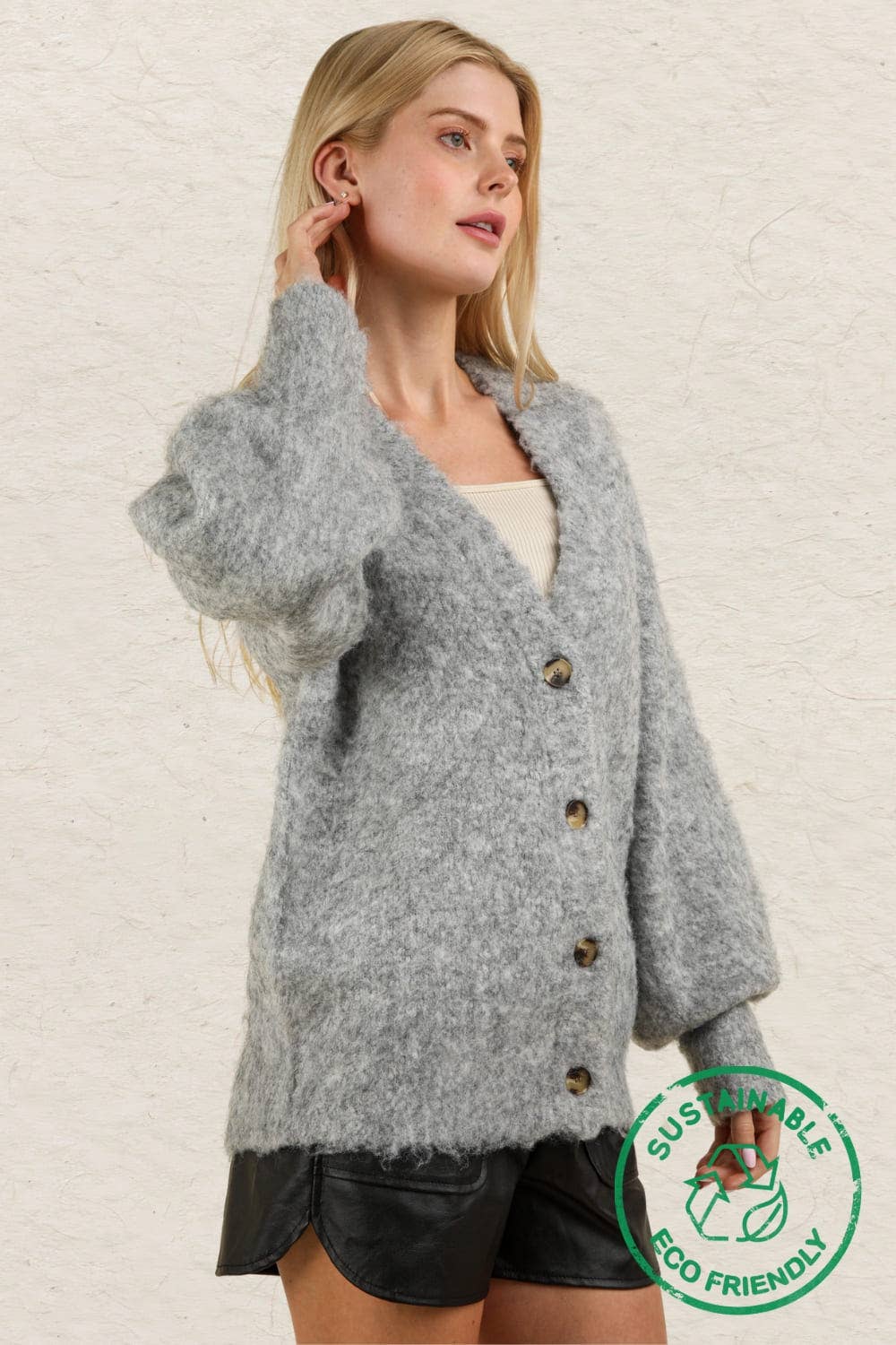 12W3180V-ECO Mohair Button Down Soft Knit Sweater Cardigan: PINK / S-M-L/2-2-2