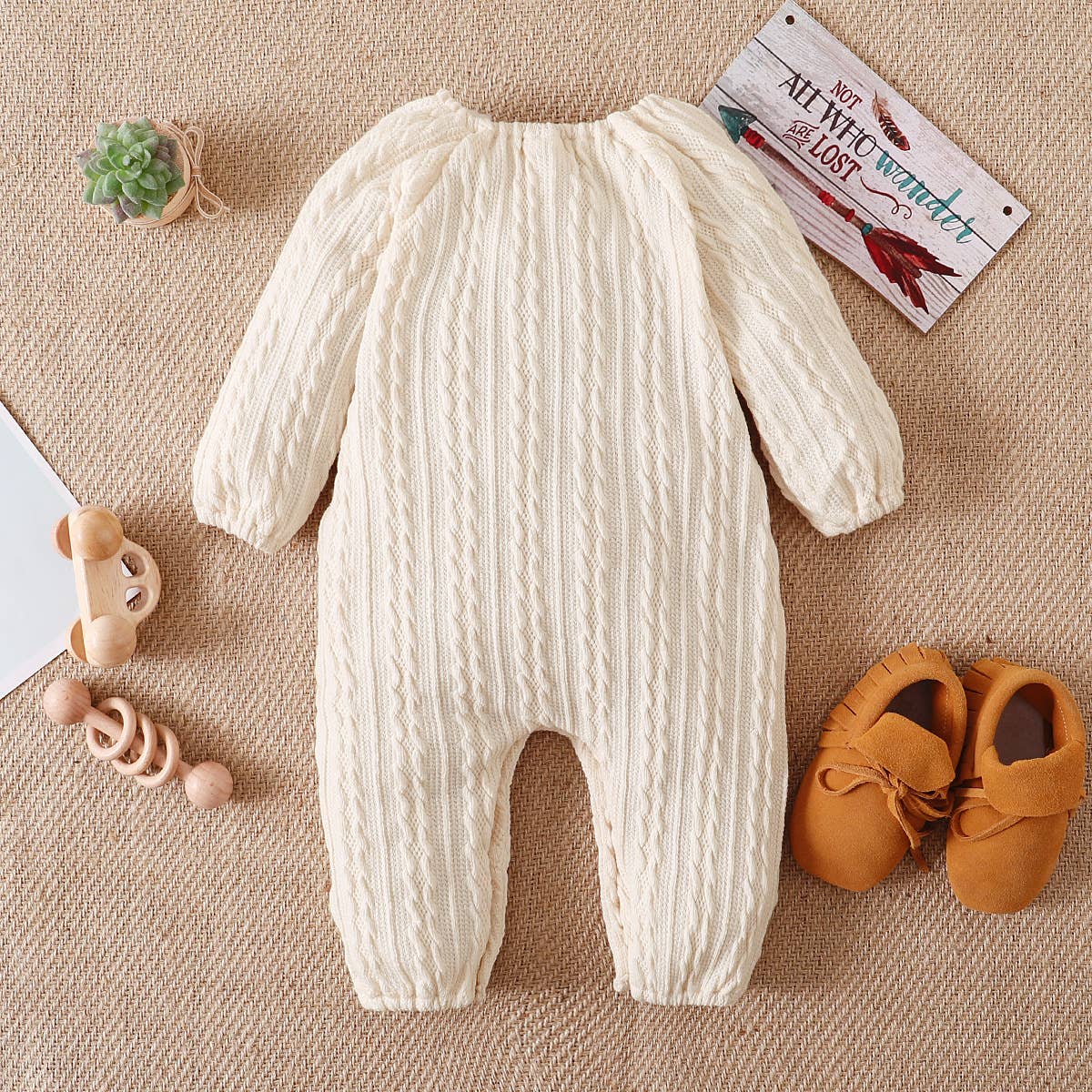 Solid Knitted Button Design Long-sleeve Baby Jumpsuit: 6-9 Months / Pink