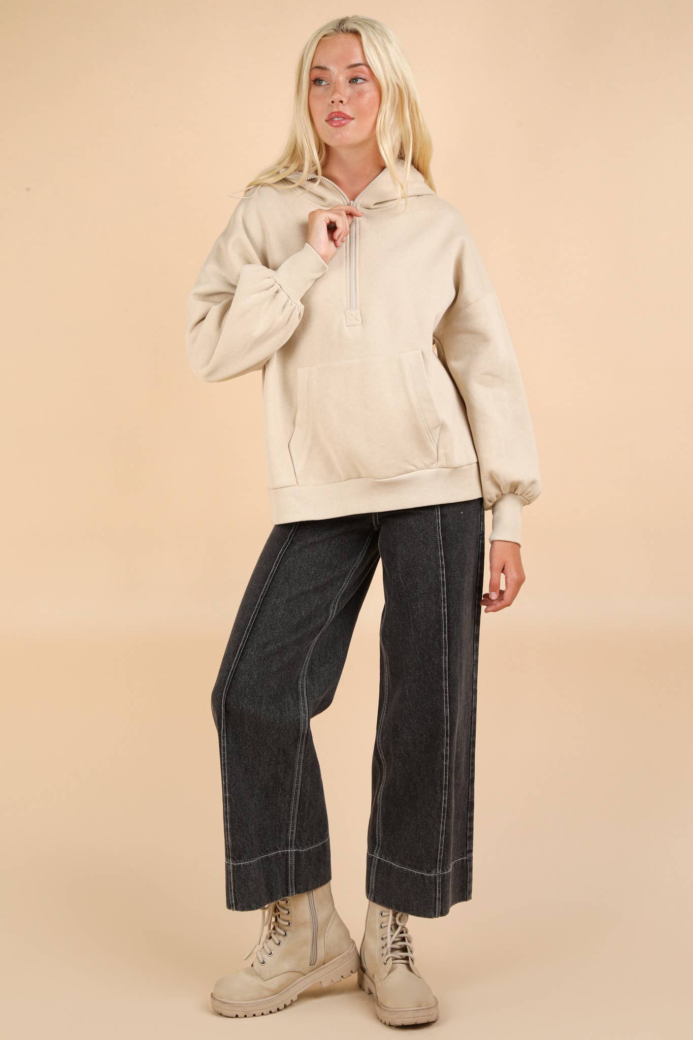 NT11897-Oversized Half Zip Up Knit Casual Hoodie Top: SAGE / S-M-L/2-2-2