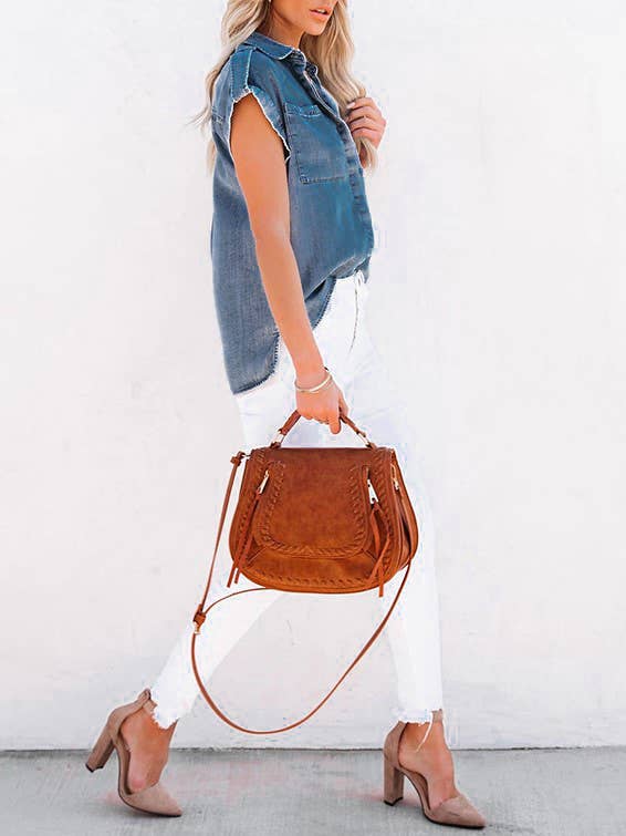 Vintage washed distressed denim sleeveless shirt vest top: Blue / XL