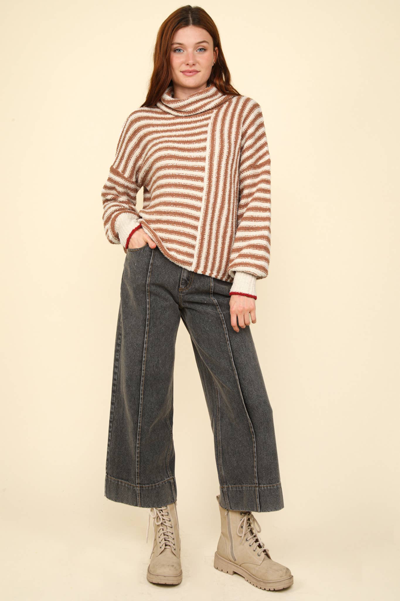 12W3186N-Mock Neck Soft Striped Knit Sweater Top: SAGE / S-M-L/2-2-2
