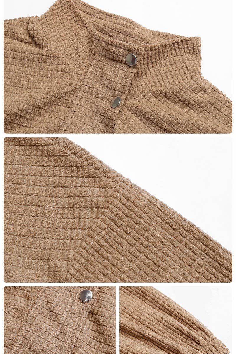 WOMEN HIGH NECK PLAID QUILTED BUTTON UP JACKET_CWOJA0469: Brown / (L) 1