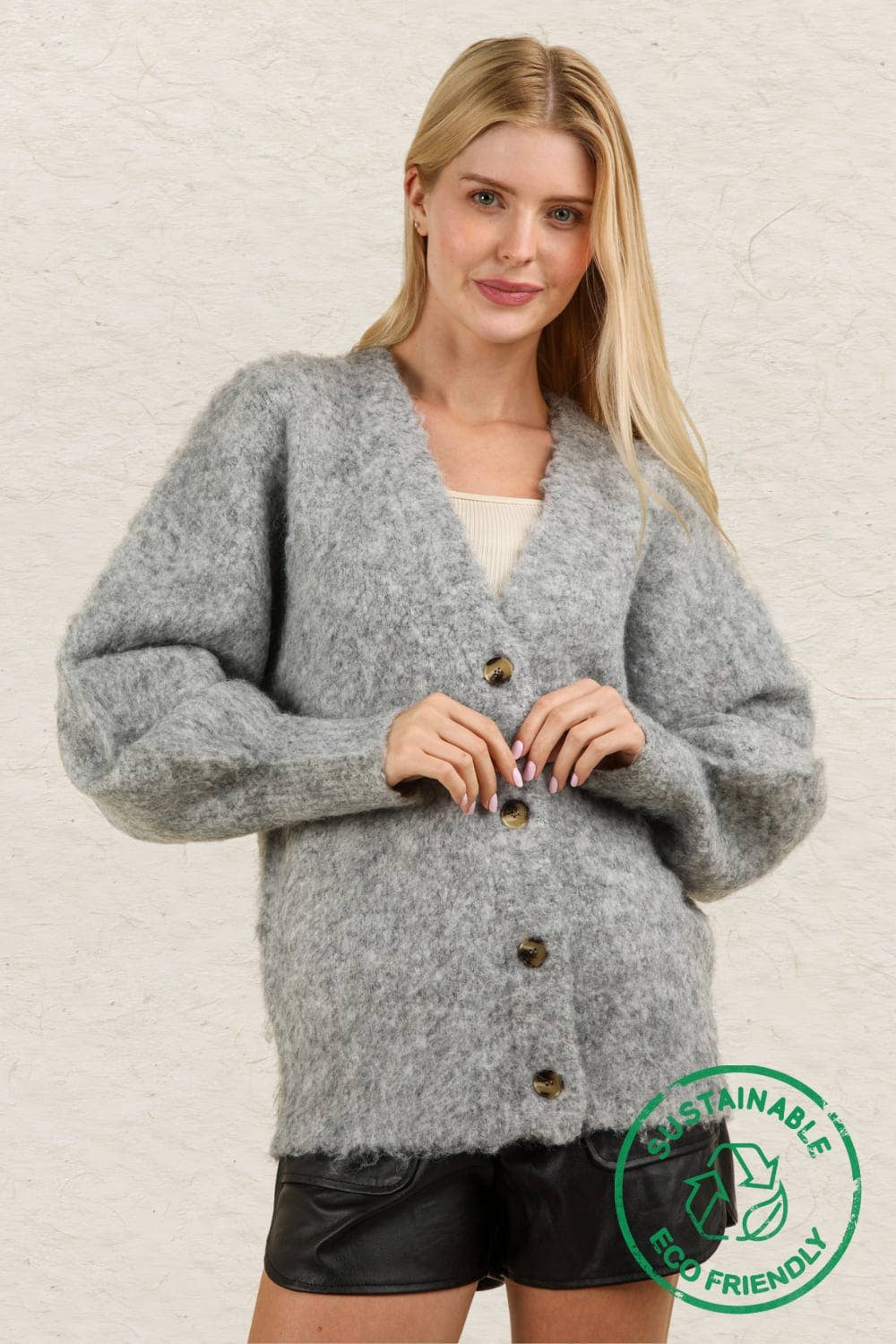 12W3180V-ECO Mohair Button Down Soft Knit Sweater Cardigan: PINK / S-M-L/2-2-2