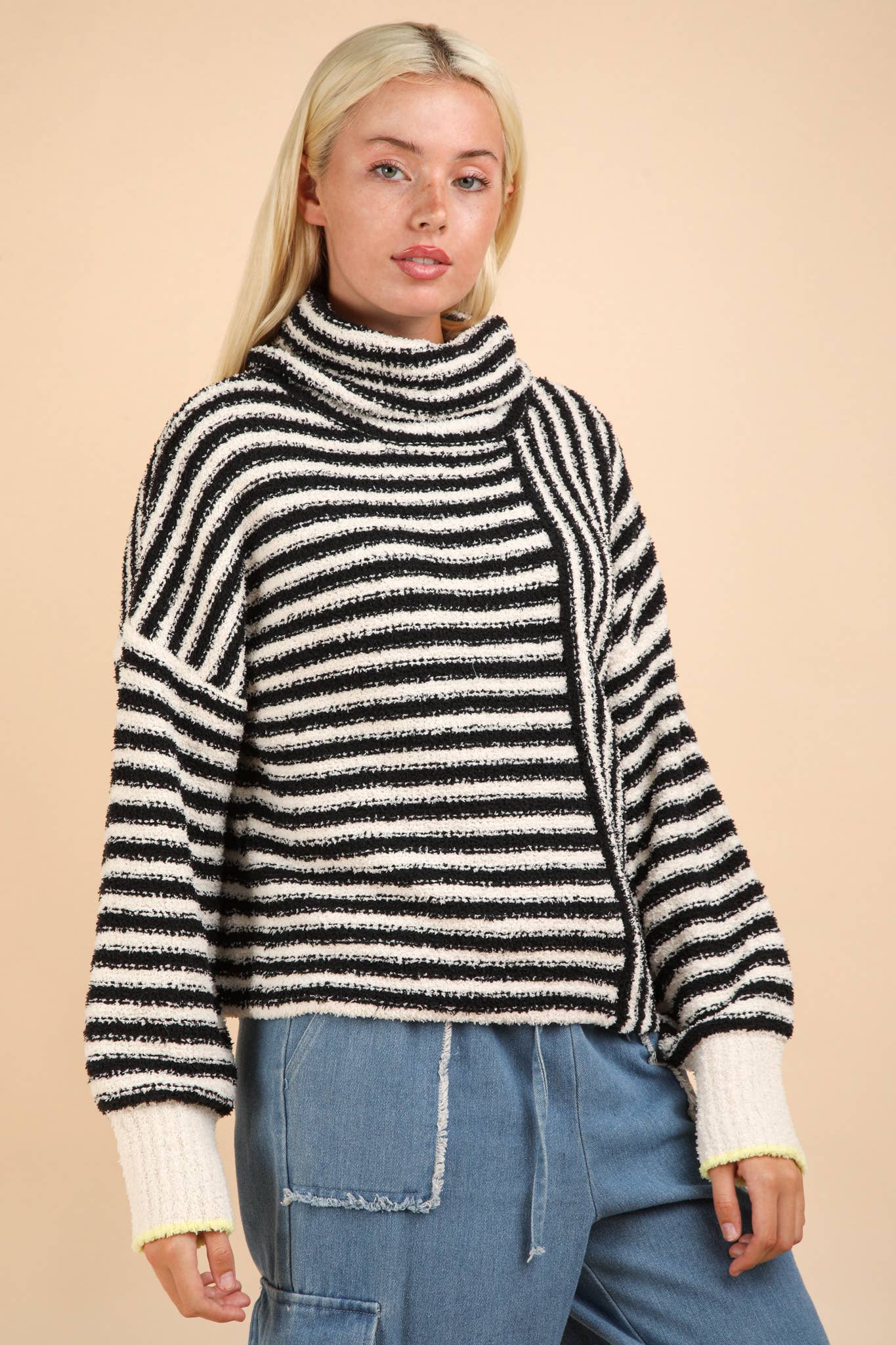 12W3186N-Mock Neck Soft Striped Knit Sweater Top: SAGE / S-M-L/2-2-2