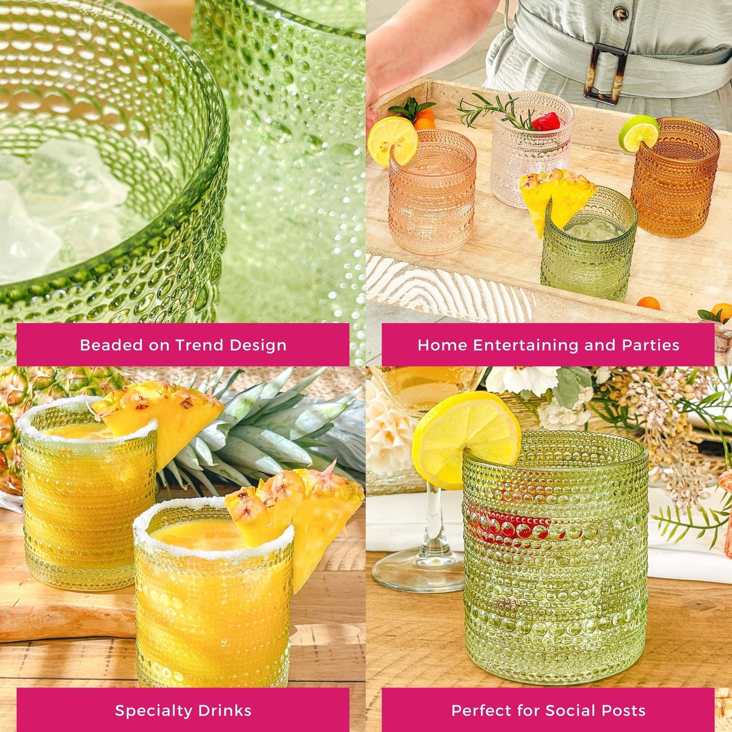 10 oz Beaded Sage Green Old Fashion Drinking Glass Set of 6