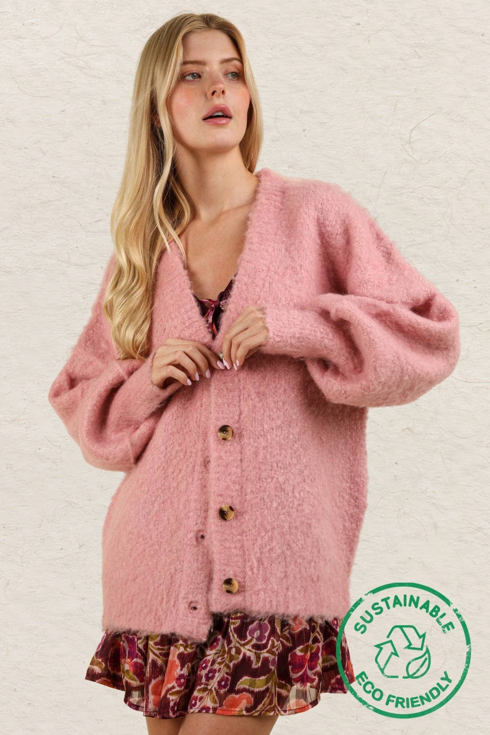 12W3180V-ECO Mohair Button Down Soft Knit Sweater Cardigan: PINK / S-M-L/2-2-2