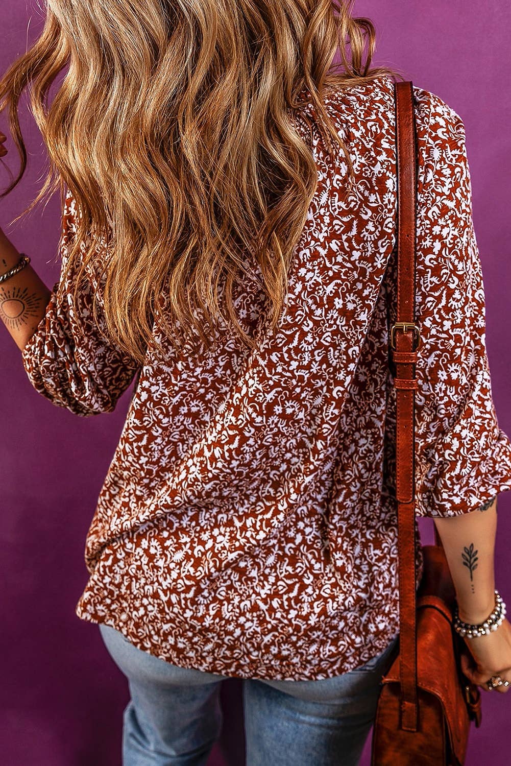 Biking Red Floral Print Smocked Tie Neck Blouse: S / AS SHOWN / CASUAL