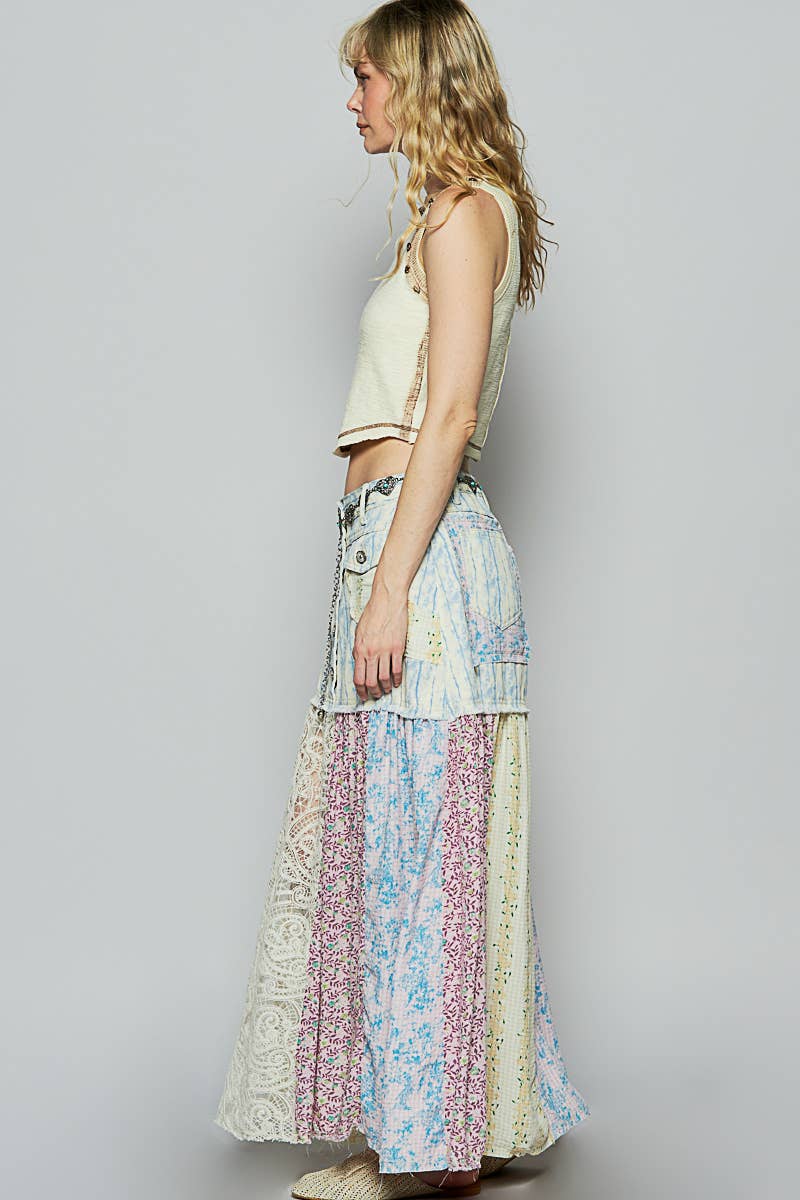Woven floral print mixed skirt: PINK MULTI / S