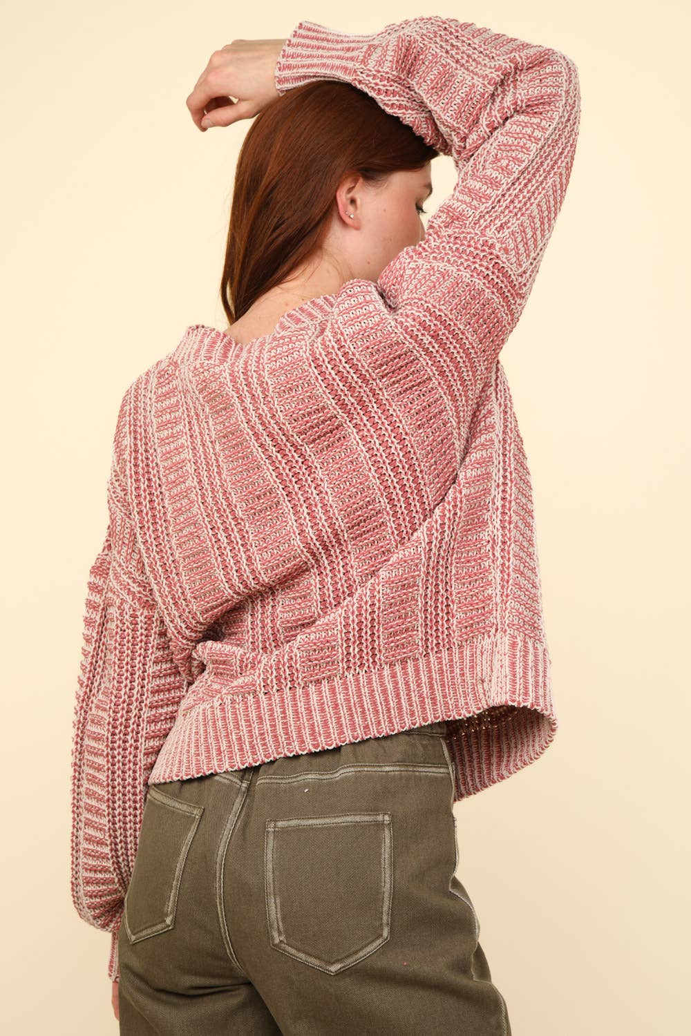12W3096N-Two Tone Cozy Sweater Knit Top: Red / S-M-L/2-2-2