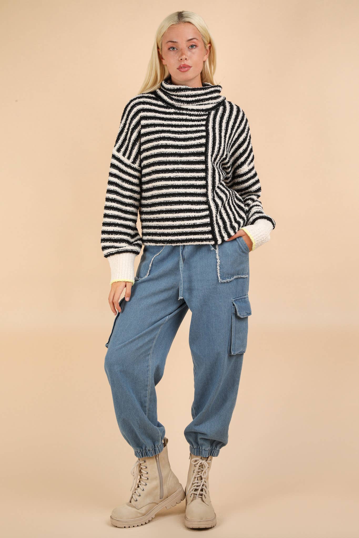 12W3186N-Mock Neck Soft Striped Knit Sweater Top: SAGE / S-M-L/2-2-2