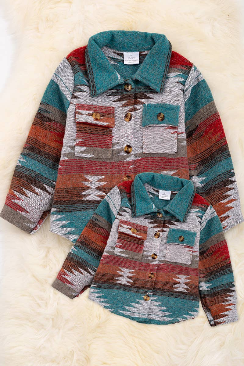 UNISEX/ AZTEC PRINTED BUTTON UP SHACKET. TPG65133048 JEANN: XS