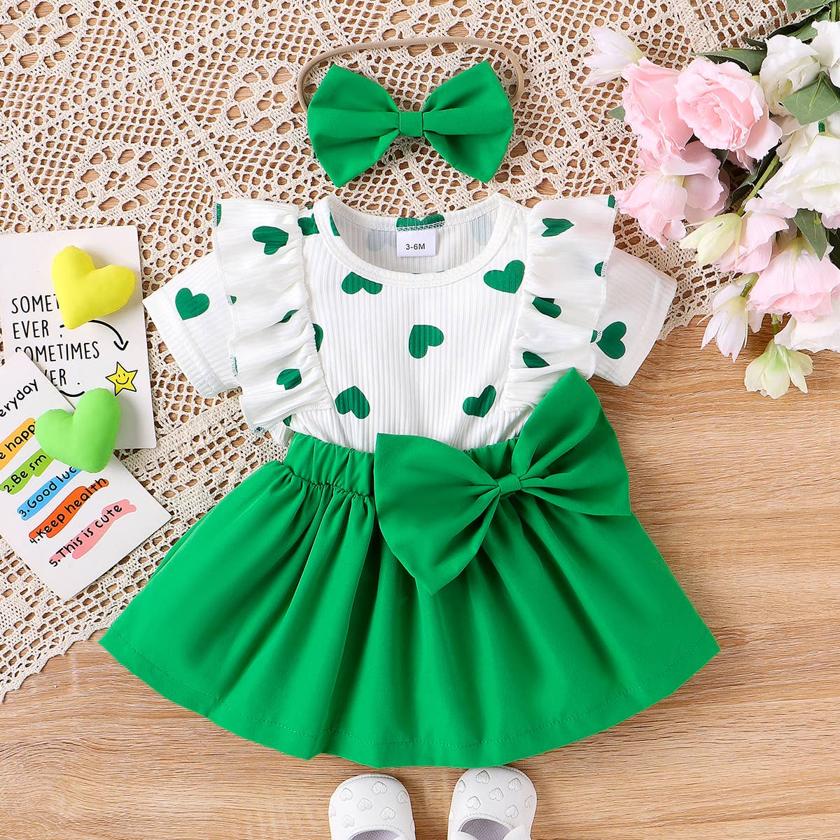 2pcs Baby Heart Print Ruffled Faux-two Bow Front Dress Set: Green / 6-9M