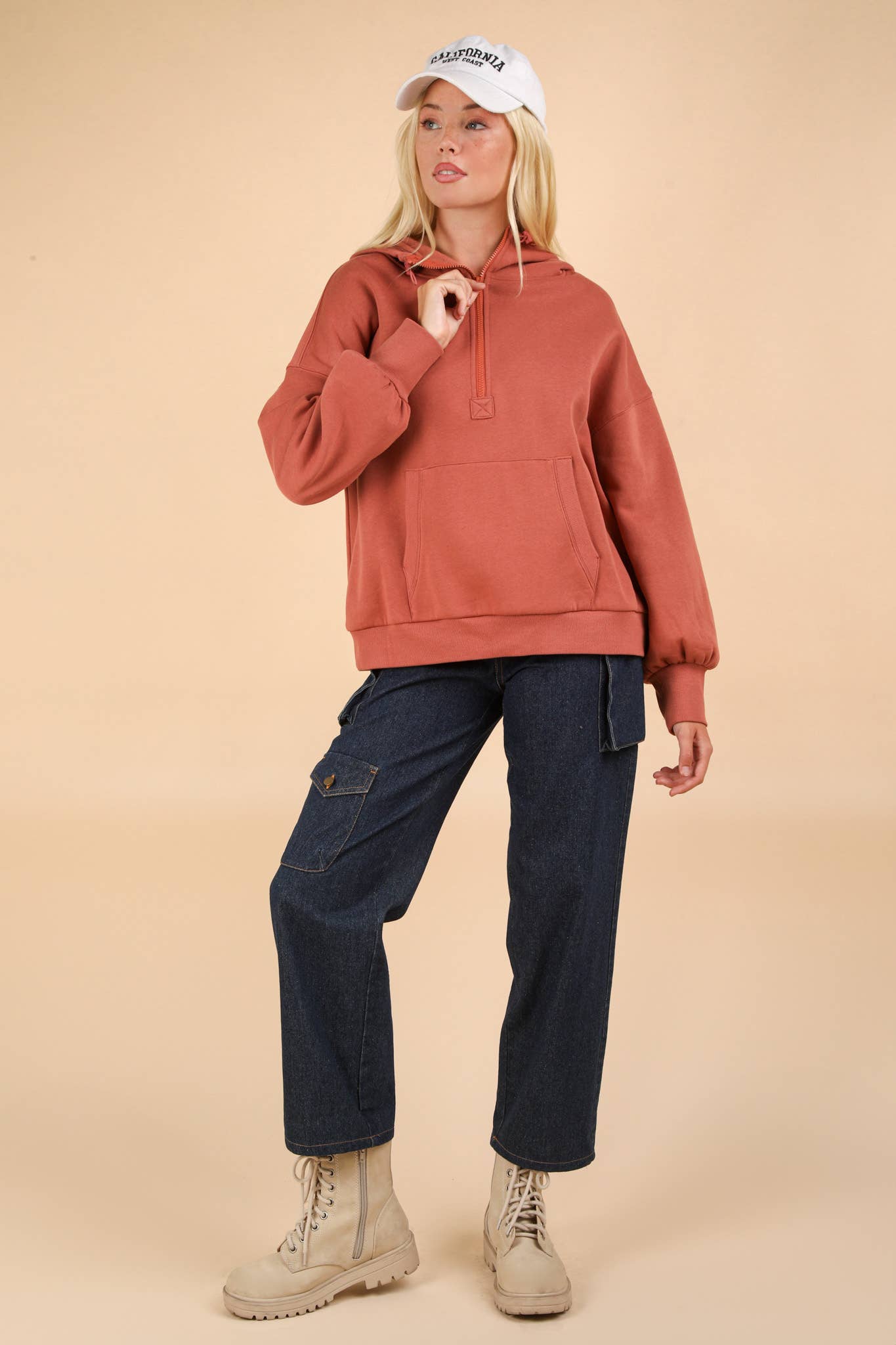 NT11897-Oversized Half Zip Up Knit Casual Hoodie Top: SAGE / S-M-L/2-2-2