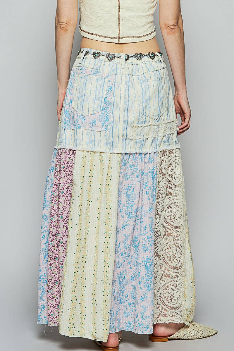 Woven floral print mixed skirt: PINK MULTI / S