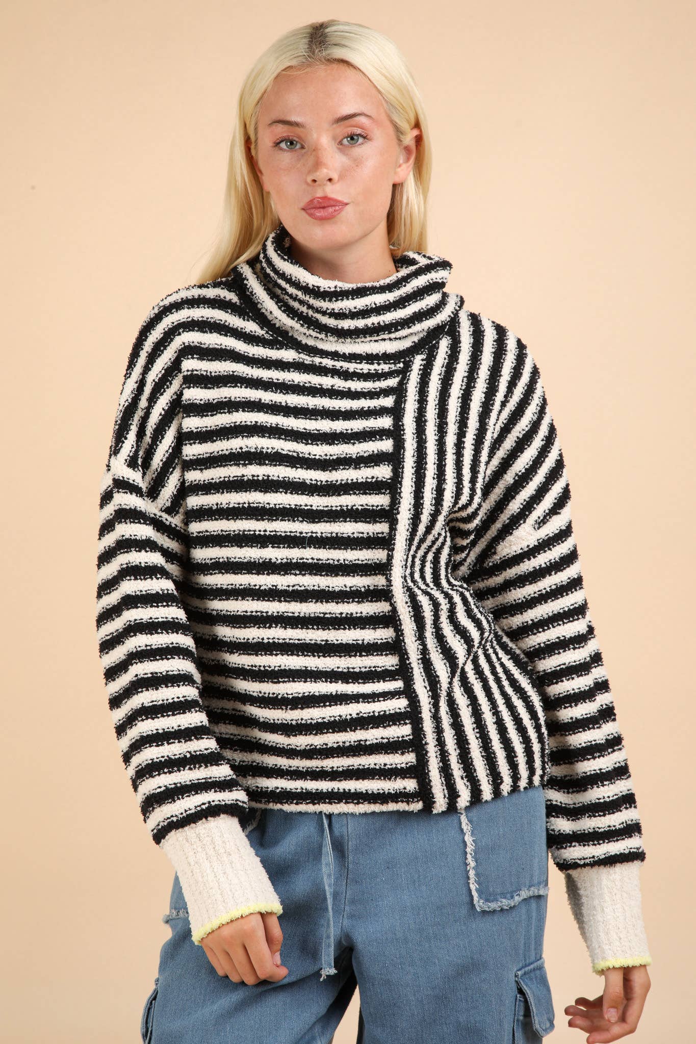 12W3186N-Mock Neck Soft Striped Knit Sweater Top: SAGE / S-M-L/2-2-2