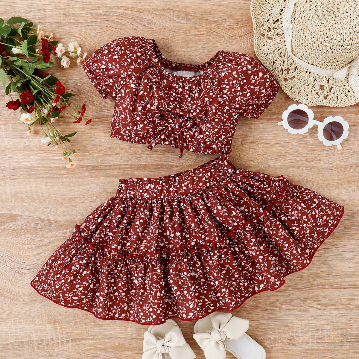 2pcs Toddler Girl Trendy Tee and Layered Skirt Set: Red / 2 Years