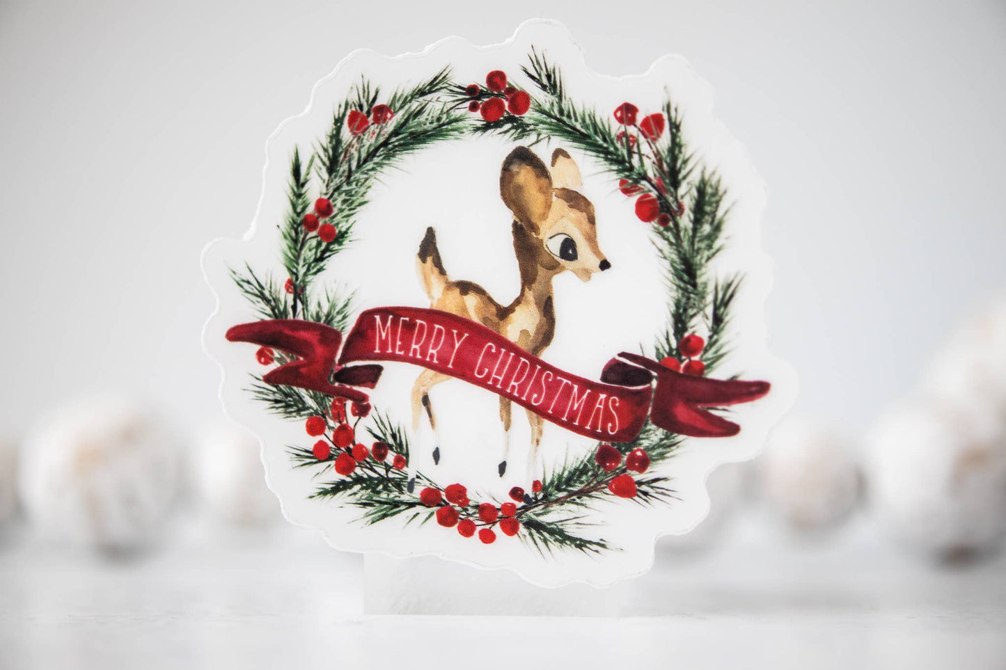 Merry Christmas, Wreath Deer Clear Vinyl Sticker 3x3 in.