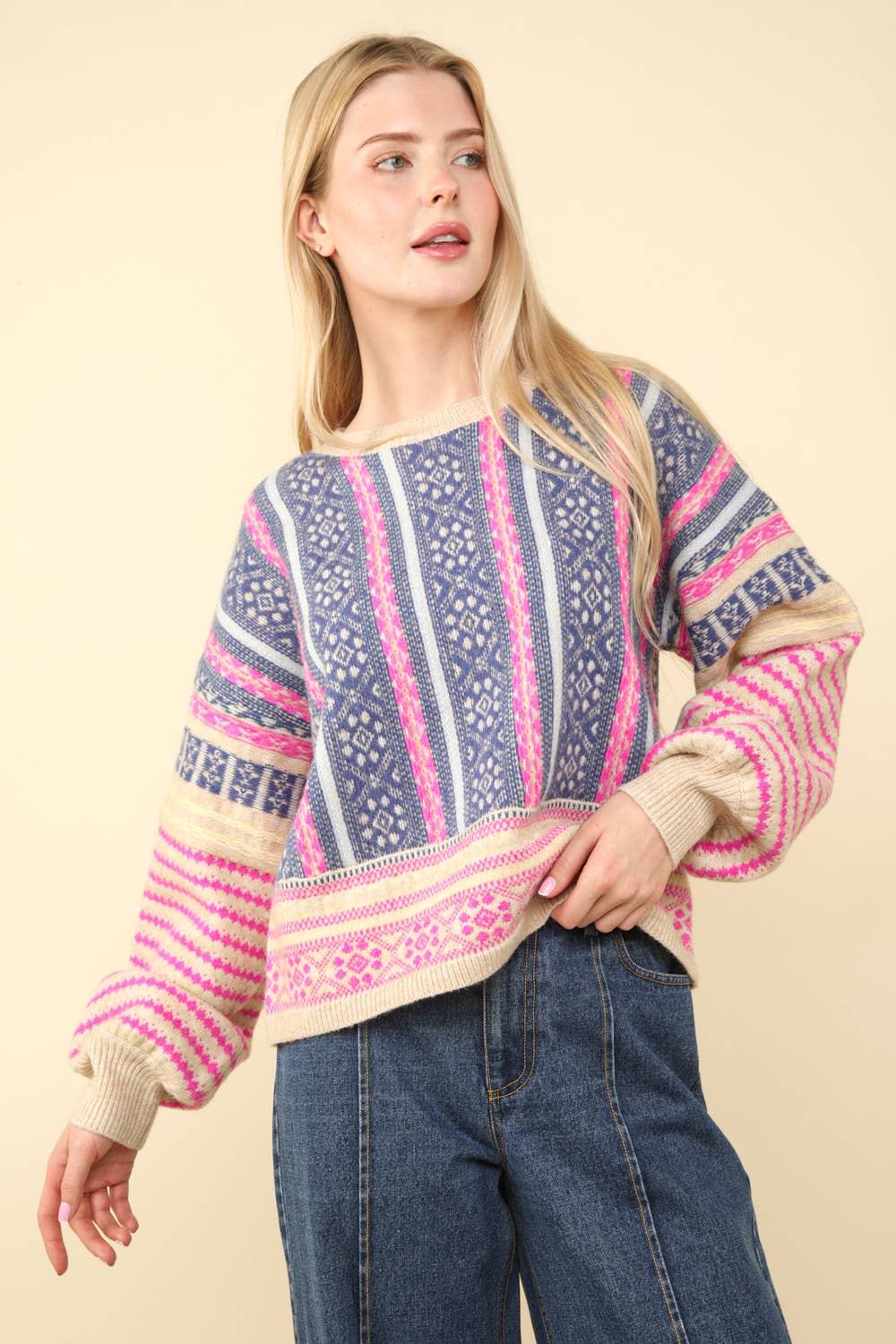 12W3239N-Oversized Cozy Printed Knit Sweater Top: SAGE MIX / S-M-L/2-2-2