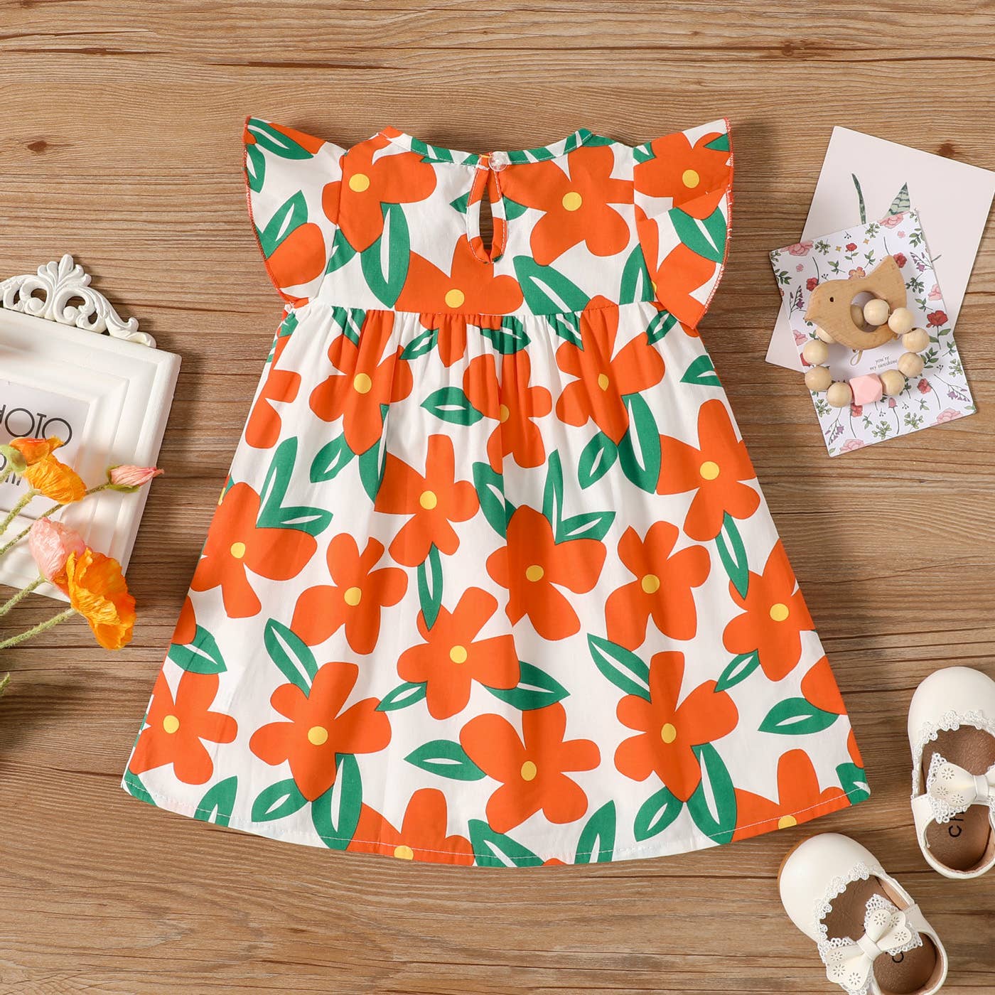 100% Cotton Baby All Over Floral Print Flutter-sleeve Dress: Pink / 12-18 Months